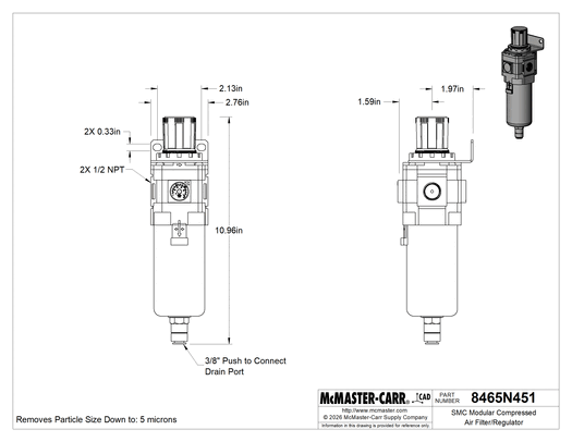 McMaster 8465N451 SMC Modular Compressed Air Filter/Regulator, Particle Removal, Number 40, Polycarbonate, 1/2 NPT Female