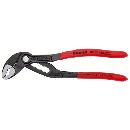 Knipex 87 01 180 Tongue and Groove Plier V, Push Button, 1 1/2 in Max Jaw Opening, 7 1/4 in Overall Lg, Serrated - KVM Tools Inc.KV38GU37