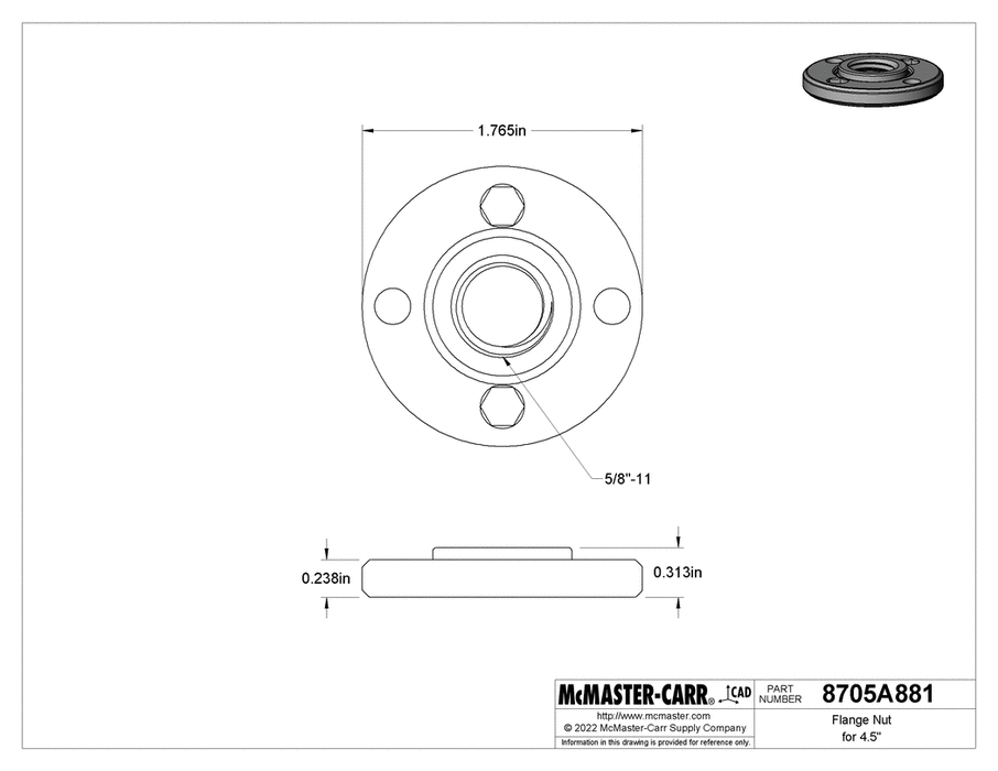 McMaster 8705A881 Flange Nut for 4.5", 5" and 6" Wheel Diameter DeWalt Grinder for Grinding Wheels and Sanding Discs