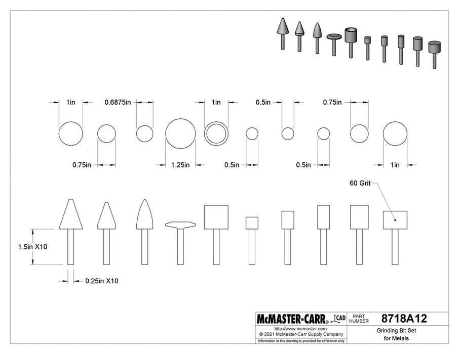 McMaster 8718A12 Grinding Bit Set for Metals 1/4" Shank Diameter, 50 Pieces