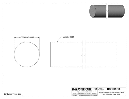 McMaster 8860K63 Round Bend-and-Stay Multipurpose 304 Stainless Steel Wire Matte Finish, 1-lb. Can, 0.032" Diameter