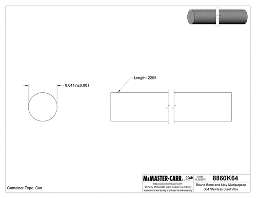 McMaster 8860K64 Round Bend-and-Stay Multipurpose 304 Stainless Steel Wire Matte Finish, 1-lb. Can, 0.041" Diameter