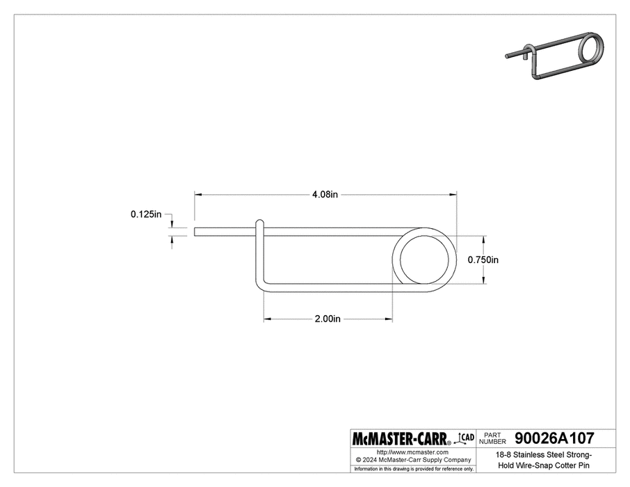 McMaster 90026A107 18-8 Stainless Steel Strong-Hold Wire-Snap Cotter Pin 1/8" Diameter, 2" Usable Length