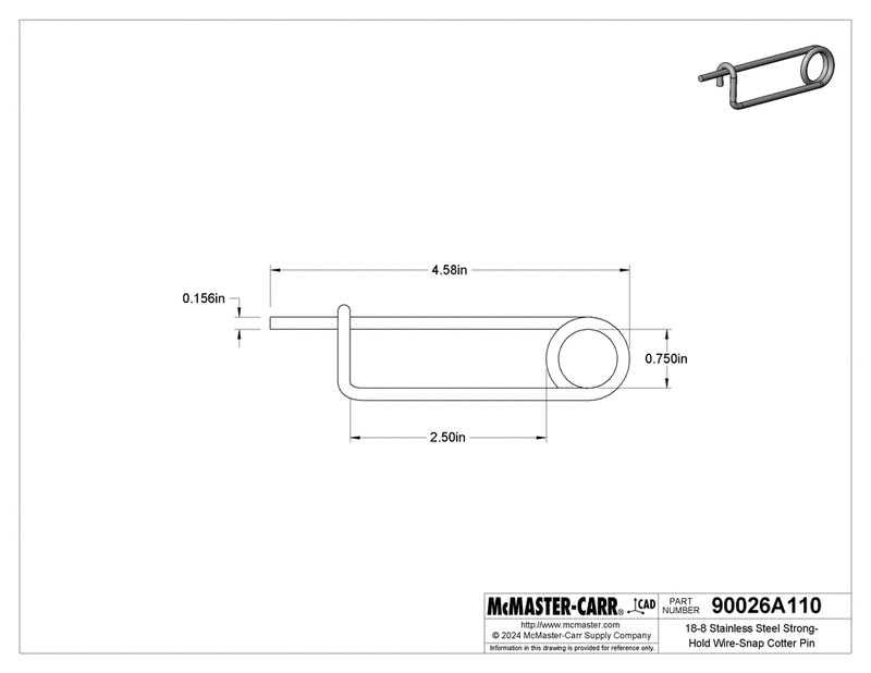 McMaster 90026A110 18-8 Stainless Steel Strong-Hold Wire-Snap Cotter Pin 5/32" Diameter, 2-1/2" Usable Length