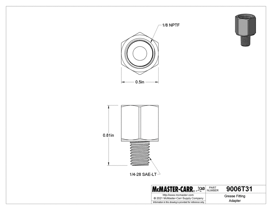 McMaster 9006T31 Grease Fitting Adapter Straight, 1/4"-28 SAE-LT Male x 1/8 NPTF Female, 303 Stainless Steel