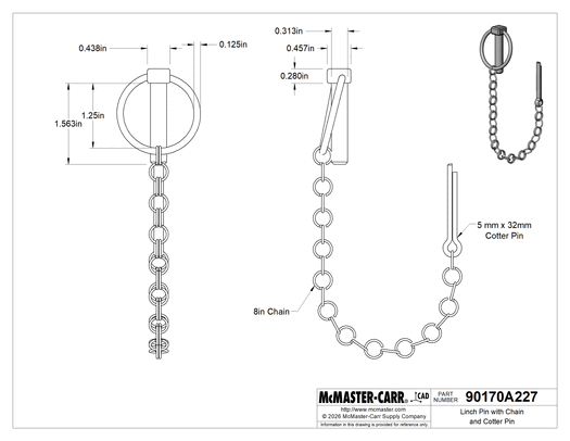 McMaster 90170A227 Linch Pin with Chain and Cotter Pin, 5/16" Diameter, Pack of 5