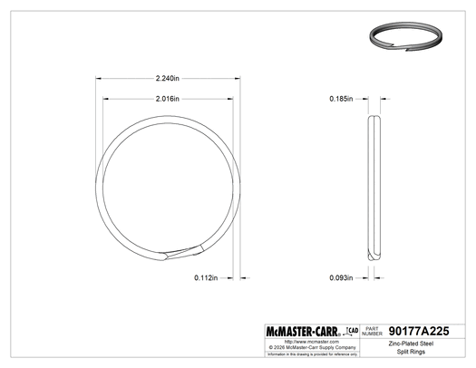McMaster 90177A225 Zinc-Plated Steel Split Rings, 2-1/4" OD, 2" ID, 3/16" Thick, Pack of 10