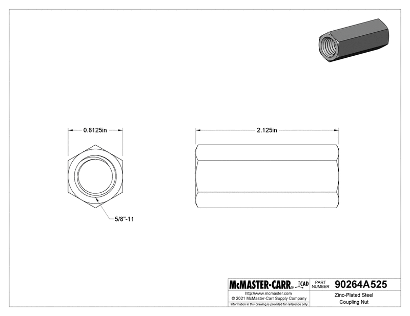 McMaster 90264A525 Zinc-Plated Steel Coupling Nut Low-Strength, 5/8"-11 Thread Size, 13/16" Wide
