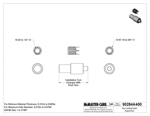 McMaster 90284A400 Key-Locking Insert Assortment with Tool, 18-8 Stainless Steel, 10-24 to 1/2"-13 Thread Sizes