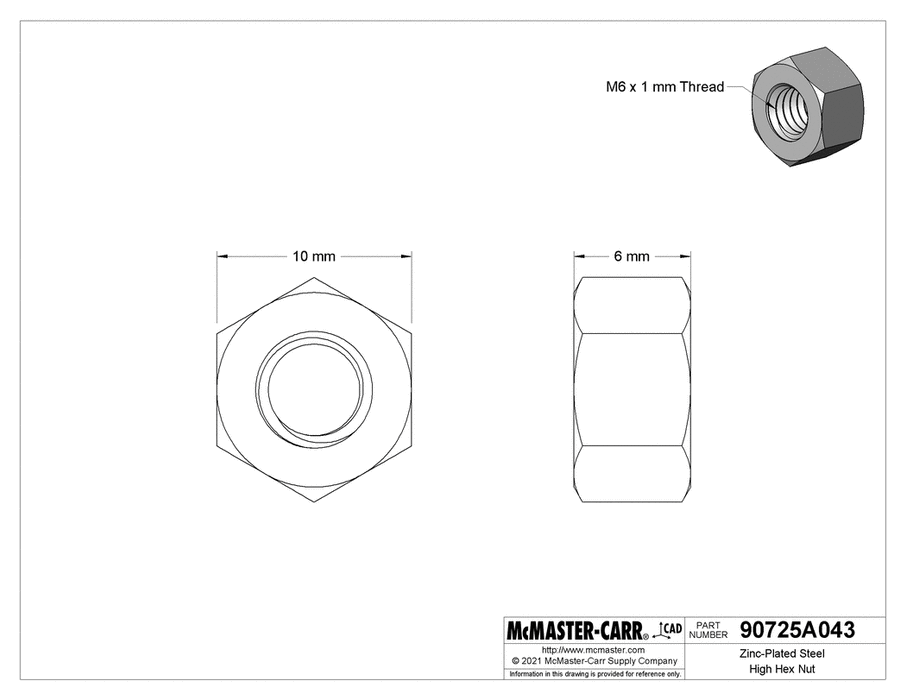 McMaster 90725A043 Zinc-Plated Steel High Hex Nut Class 8, M6 x 1 mm Thread