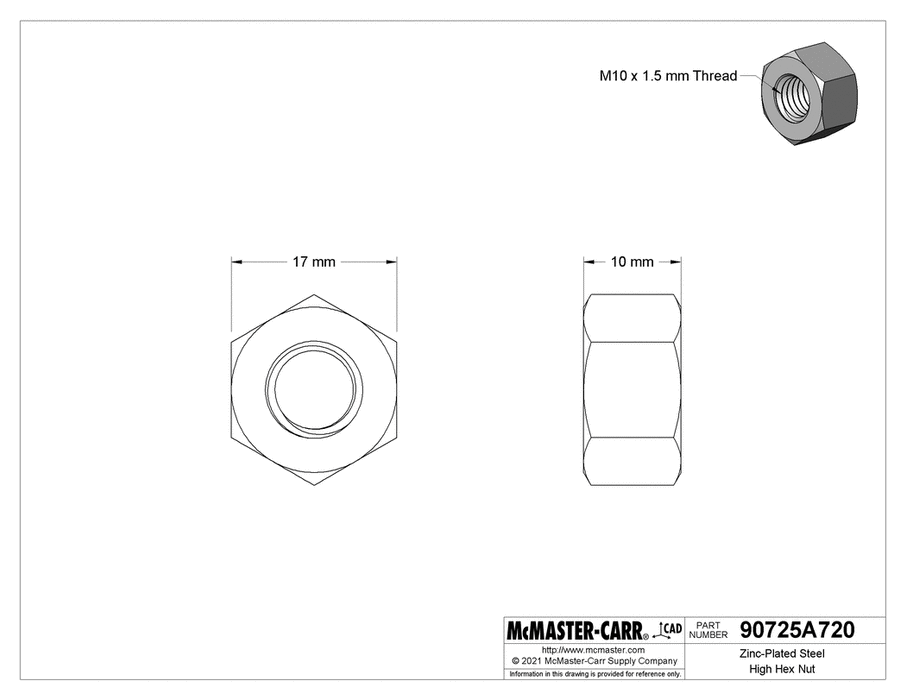 McMaster 90725A720 Zinc-Plated Steel High Hex Nut Class 8, M10 x 1.5 mm Thread PK25