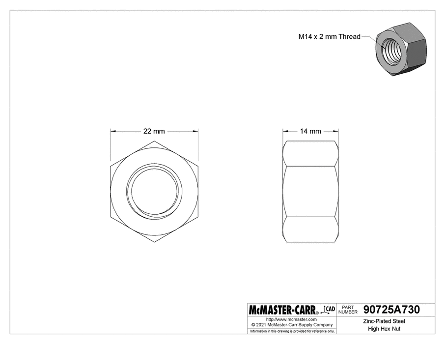 McMaster 90725A730 Zinc-Plated Steel High Hex Nut Class 8, M14 x 2 mm Thread PK10