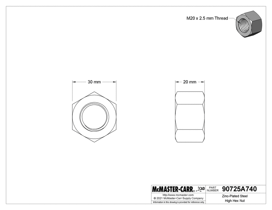 McMaster 90725A740 Zinc-Plated Steel High Hex Nut Class 8, M20 x 2.5 mm Thread PK5