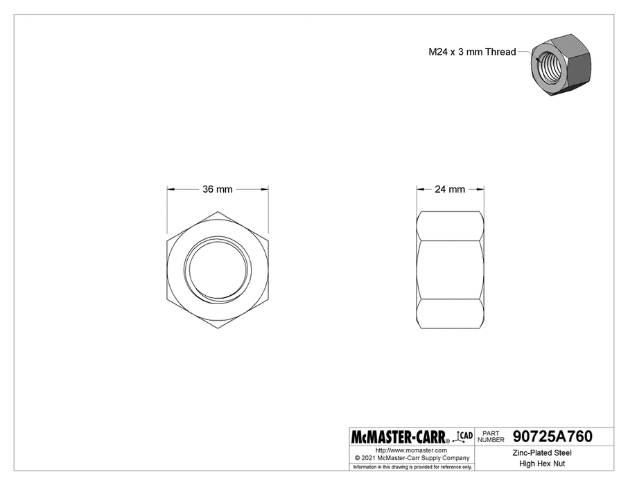 McMaster 90725A760 Zinc-Plated Steel High Hex Nut Class 8, M24 x 3 mm Thread