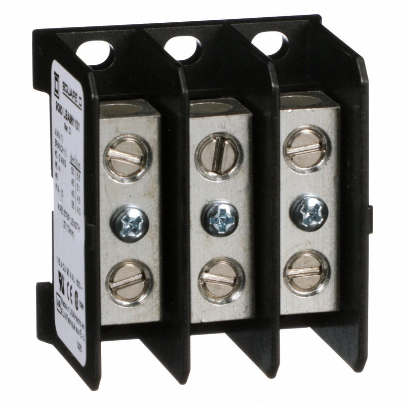 Square D 9080LBA361101 Power Distribution Block, Open, Lug, Lug, 14 AWG – 2 AWG For Line Side Wire Sizes