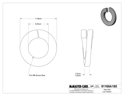 McMaster 91169A180 Steel Split Lock Washer, for M6 Screw Size, 6.5 mm ID, 11.8 mm OD, Pack of 100