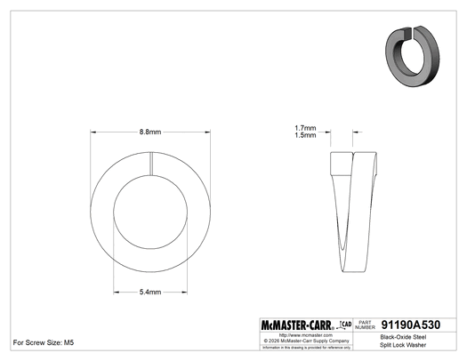 McMaster 91190A530 Black-Oxide Steel Split Lock Washer, for M5 Socket Head Screws, 5.4 mm ID, 8.8 mm OD, Pack of 100