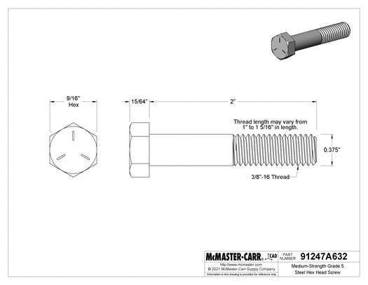 McMaster 91247A632 Medium-Strength Grade 5 Steel Hex Head Screw Zinc-Plated, 3/8"-16 Thread Size, 2" Long, Partially Threaded PK25