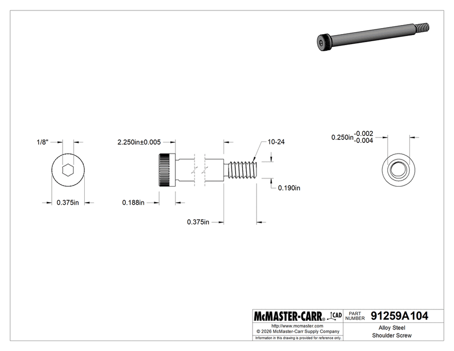 McMaster 91259A104 Alloy Steel Shoulder Screw 1/4" Shoulder Diameter, 2-1/4" Shoulder Length, 10-24 Thread