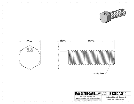 McMaster 91280A014 Medium-Strength Class 8.8 Steel Hex Head Screw Zinc-Plated, M24 x 3 mm Thread, 80 mm Long, Fully Threaded