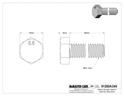 McMaster 91280A349 Medium-Strength Class 8.8 Steel Hex Head Screw Zinc-Plated, M6 x 1 mm Thread, 60 mm Long, Fully Threaded PK50