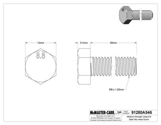 McMaster 91280A546 Medium-Strength Class 8.8 Steel Hex Head Screw Zinc-Plated, M8 x 1.25 mm Thread, 50 mm Long Pk25