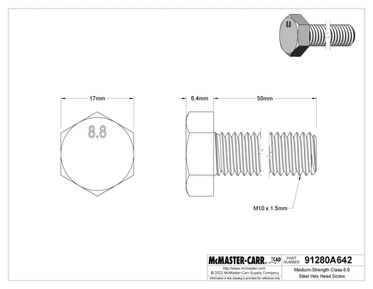 McMaster 91280A642 Medium-Strength Class 8.8 Steel Hex Head Screw Zinc-Plated, M10 x 1.5 mm Thread, 50 mm Long PK25