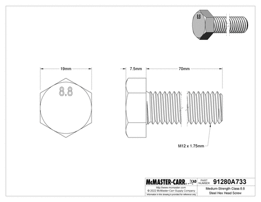 McMaster 91280A733 Medium - Strength Class 8.8 Steel Hex Head Screw Zinc - Plated, M12 x 1.75 mm Thread, 70 mm Long, Fully Threaded PK10 - KVM Tools Inc.KV91280A733