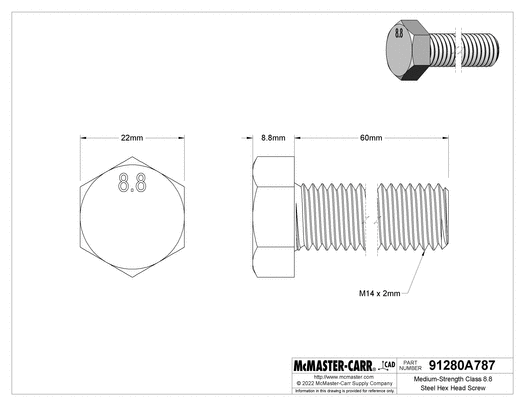 McMaster 91280A787 Medium-Strength Class 8.8 Steel Hex Head Screw Zinc-Plated, M14 x 2 mm Thread, 60 mm Long, Fully Threaded PK10