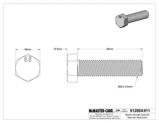 McMaster 91280A911 Medium-Strength Class 8.8 Steel Hex Head Screw Zinc-Plated, M20 x 2.5 mm Thread, 80 mm Long, Fully Threaded