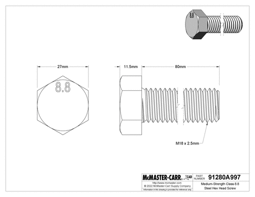 McMaster 91280A997 Medium - Strength Class 8.8 Steel Hex Head Screw Zinc - Plated, M18 x 2.5 mm Thread, 80 mm Long PK5 - KVM Tools Inc.KV91280A997