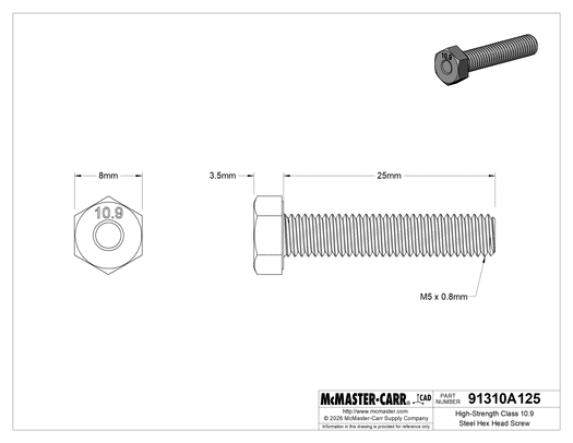 McMaster 91310A125 High-Strength Class 10.9 Steel Hex Head Screw, M5 x 0.8 mm Thread Size, 25 mm Long, Fully Threaded, Pack of 25