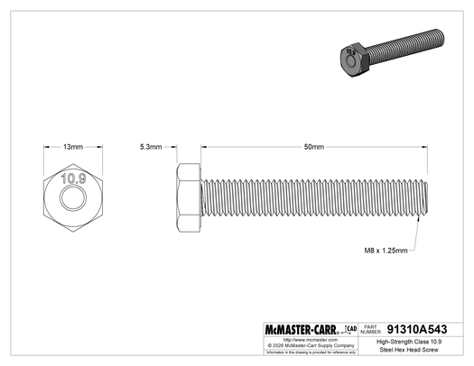 McMaster 91310A543 High-Strength Class 10.9 Steel Hex Head Screw, M8 x 1.25 mm Thread Size, 50 mm Long, Fully Threaded, Pack of 25