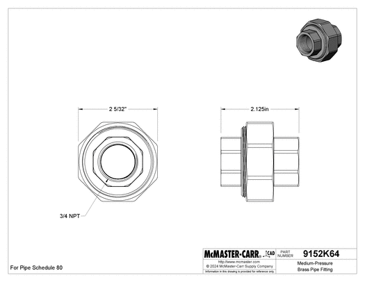 McMaster 9152K64 Medium-Pressure Brass Pipe Fitting Union Straight Connector, 3/4 NPT Female
