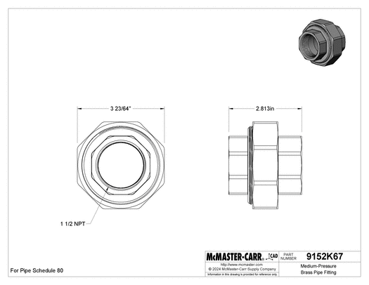 McMaster 9152K67 Medium-Pressure Brass Pipe Fitting Union Straight Connector, 1-1/2 NPT Female