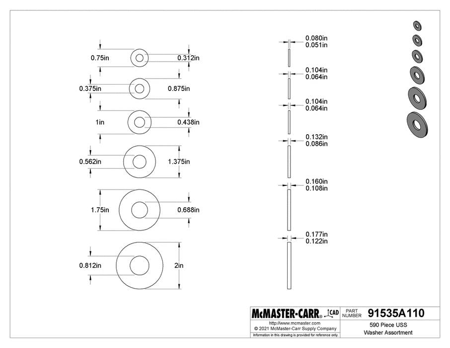 McMaster 91535A110 590 Piece USS Washer Assortment - KVM Tools Inc.KV91535A110