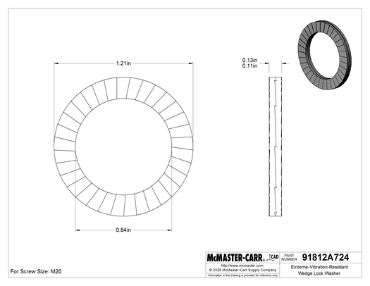 McMaster 91812A724 Extreme-Vibration-Resistant Wedge Lock Washer, 316 Stainless Steel, for M20 Screw Size, 0.840" ID, 1.210" OD