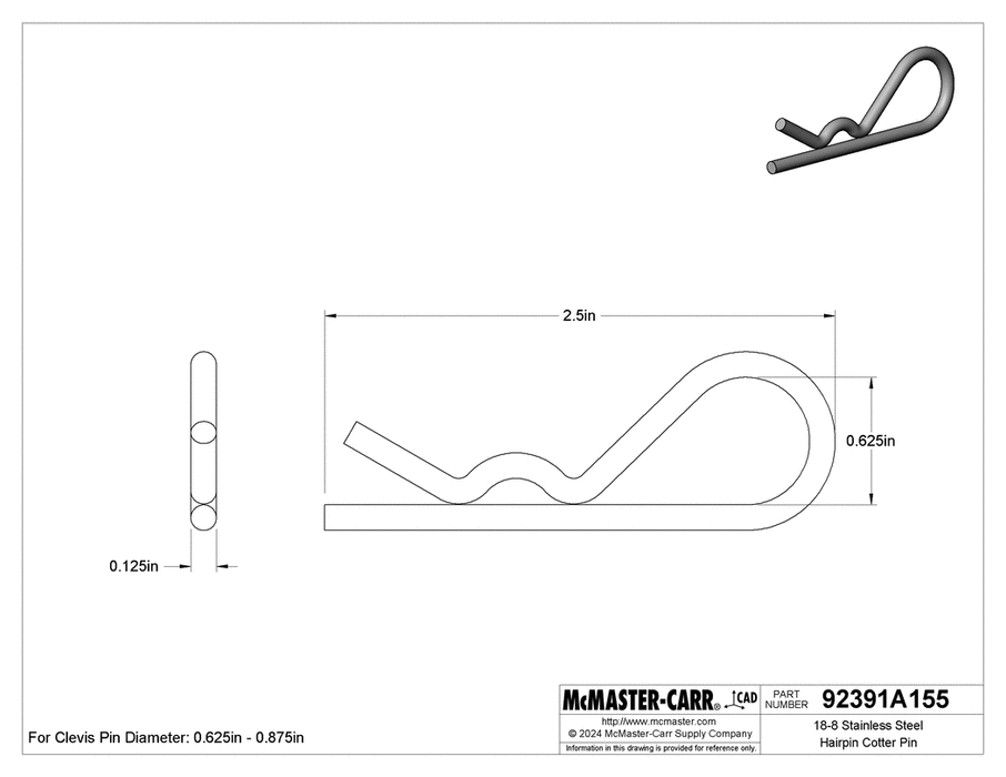 McMaster 92391A155 18-8 SS Hairpin Cotter Pin for 5/8"- 7/8" Pin Diameter, 1/8" Wire Diameter, 5/8" Eye Diameter