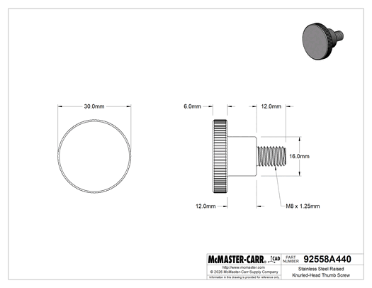 McMaster 92558A440 Stainless Steel Raised Knurled-Head Thumb Screw, M8 x 1.25 mm Thread Size, 12 mm Long