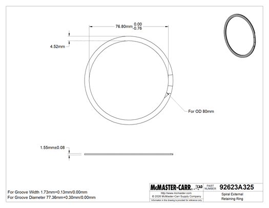 McMaster 92623A325 Spiral External Retaining Ring, for 80 mm OD, 1060-1090 Spring Steel