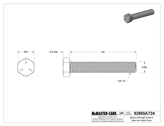 McMaster 92865A724 Medium-Strength Grade 5 Steel Hex Head Screw Zinc-Plated, 1/2"-13 Thread Size, 3" Long, Fully Threaded PK5
