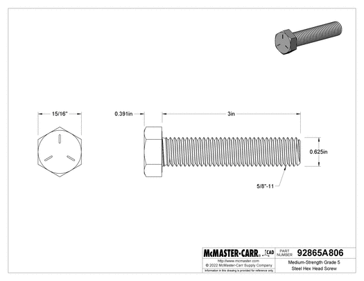 McMaster 92865A806 Medium-Strength Grade 5 Steel Hex Head Screw Zinc-Plated, 5/8"-11 Thread Size, 3" Long, Fully Threaded PK5