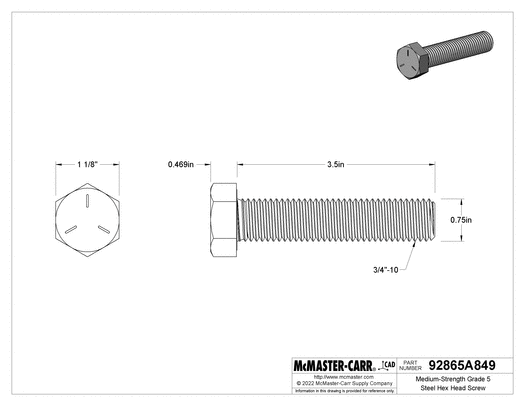 McMaster 92865A849 Medium-Strength Grade 5 Steel Hex Head Screw Zinc-Plated, 3/4"-10 Thread Size, 3-1/2" Long, Fully Threaded