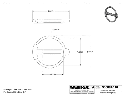McMaster 93088A110 Stretch-Fit One-Piece Socket Retaining Ring for 3/4" Square Drive, 1-1/4" to 1-3/4" ID