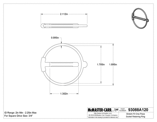 McMaster 93088A120 Stretch-Fit One-Piece Socket Retaining Ring for 3/4" Square Drive, 2" to 2-1/4" ID