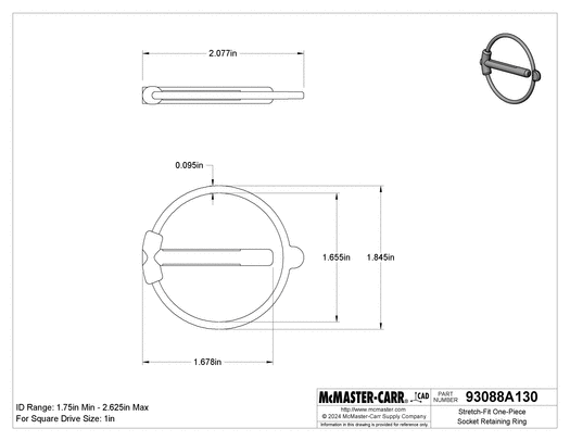 McMaster 93088A130 Stretch-Fit One-Piece Socket Retaining Ring for 1" Square Drive, 1-3/4" to 2-5/8" ID