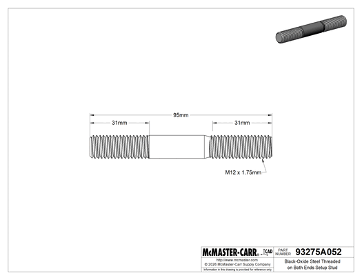 McMaster 93275A052 Black-Oxide Steel Threaded on Both Ends Setup Stud, M12 x 1.75 mm Thread, 31 mm Thread Lengths, 95 mm Long