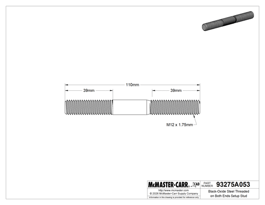McMaster 93275A053 Black-Oxide Steel Threaded on Both Ends Setup Stud, M12 x 1.75 mm Thread, 39 mm Thread Lengths, 110 mm Long