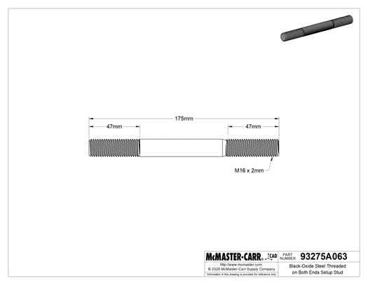 McMaster 93275A063 Black-Oxide Steel Threaded on Both Ends Setup Stud, M16 x 2 mm Thread Size, 47 mm Thread Lengths, 175 mm Long