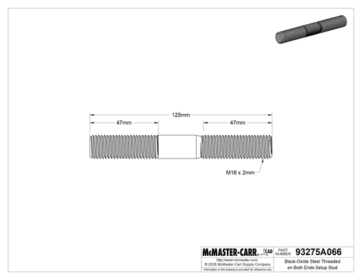McMaster 93275A066 Black-Oxide Steel Threaded on Both Ends Setup Stud, M16 x 2 mm Thread Size, 47 mm Thread Lengths, 125 mm Long